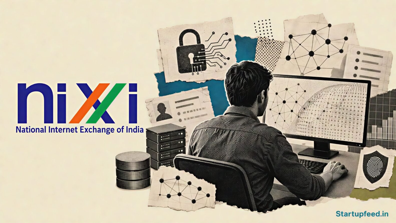 NIXI AI Platform editorial scene with NIXI and .IN Registry logos, WHOIS records, cybersecurity lock motifs and domain-network fragments