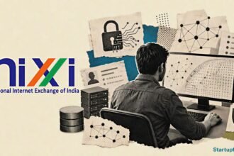 NIXI AI Platform editorial scene with NIXI and .IN Registry logos, WHOIS records, cybersecurity lock motifs and domain-network fragments