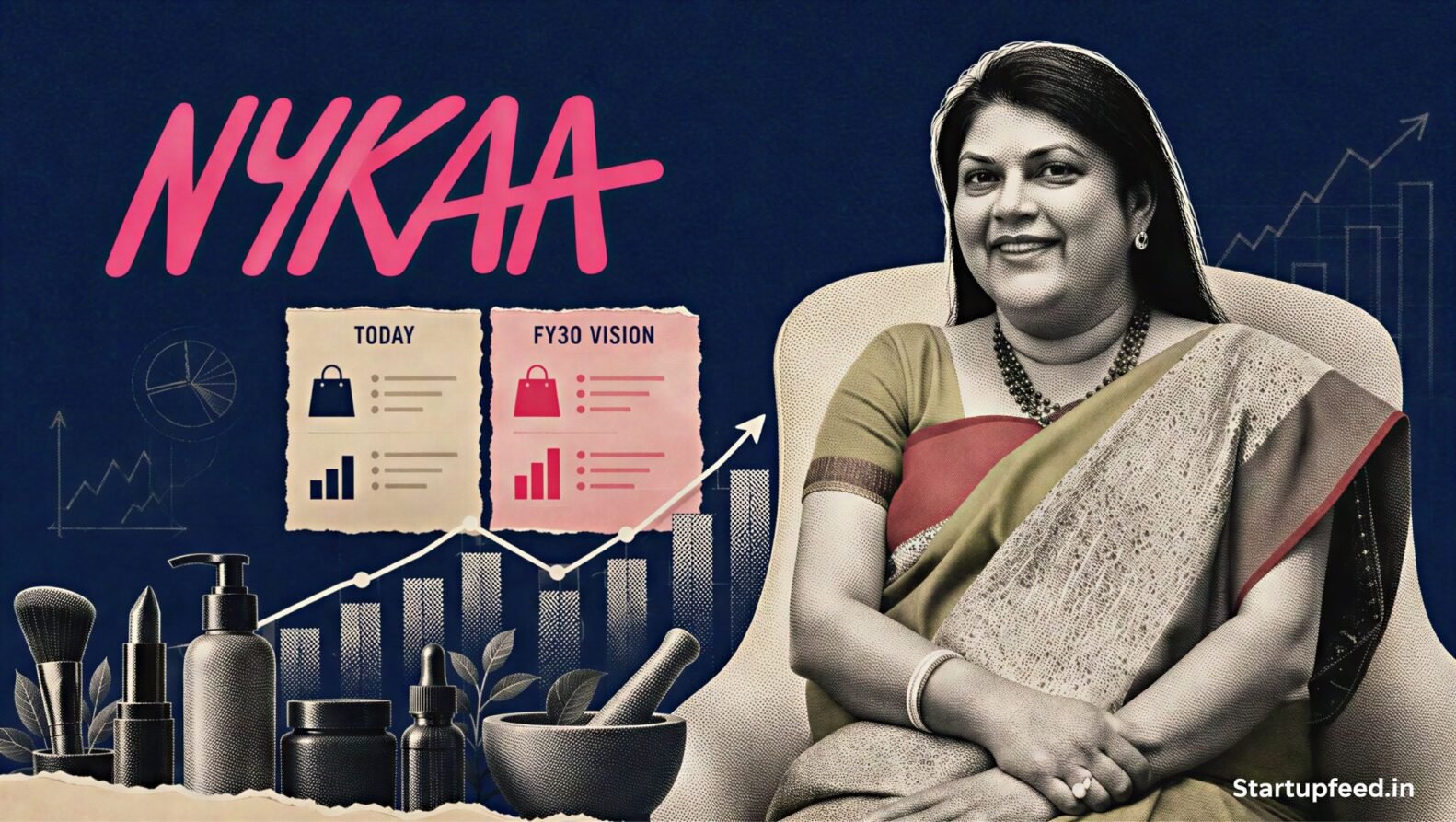 Falguni Nayar beside the Nykaa logo as the Nykaa FY30 Vision targets over $5 Bn GMV and higher profitability