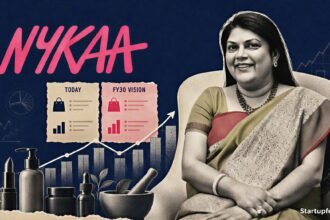 Falguni Nayar beside the Nykaa logo as the Nykaa FY30 Vision targets over $5 Bn GMV and higher profitability