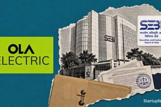 Ola Electric Sebi settlement scene with company logo, Sebi emblem and a halftone regulatory headquarters sketch