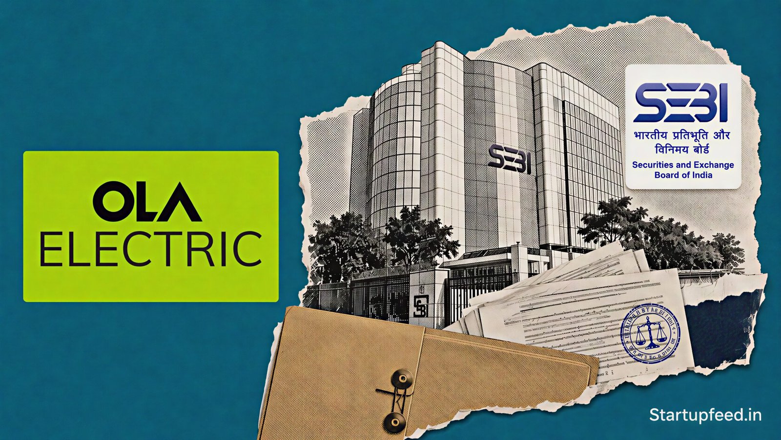 Ola Electric Sebi settlement scene with company logo, Sebi emblem and a halftone regulatory headquarters sketch