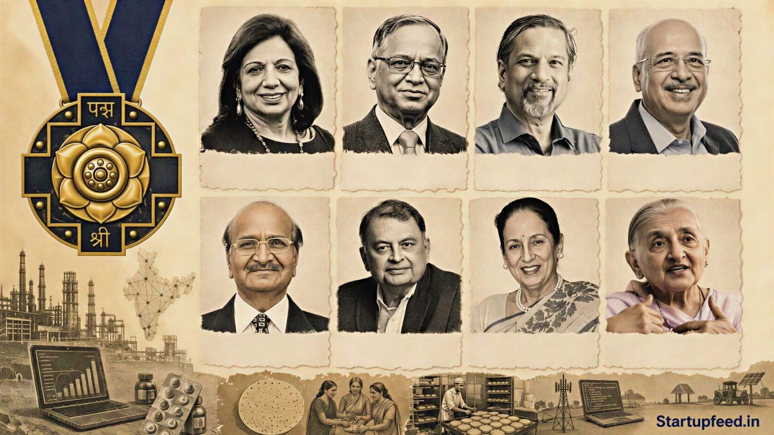 Padma Shri Founders collage using uploaded founder portraits, company logos, medal motif, and institution-building symbols