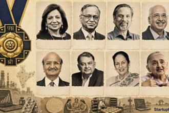 Padma Shri Founders collage using uploaded founder portraits, company logos, medal motif, and institution-building symbols