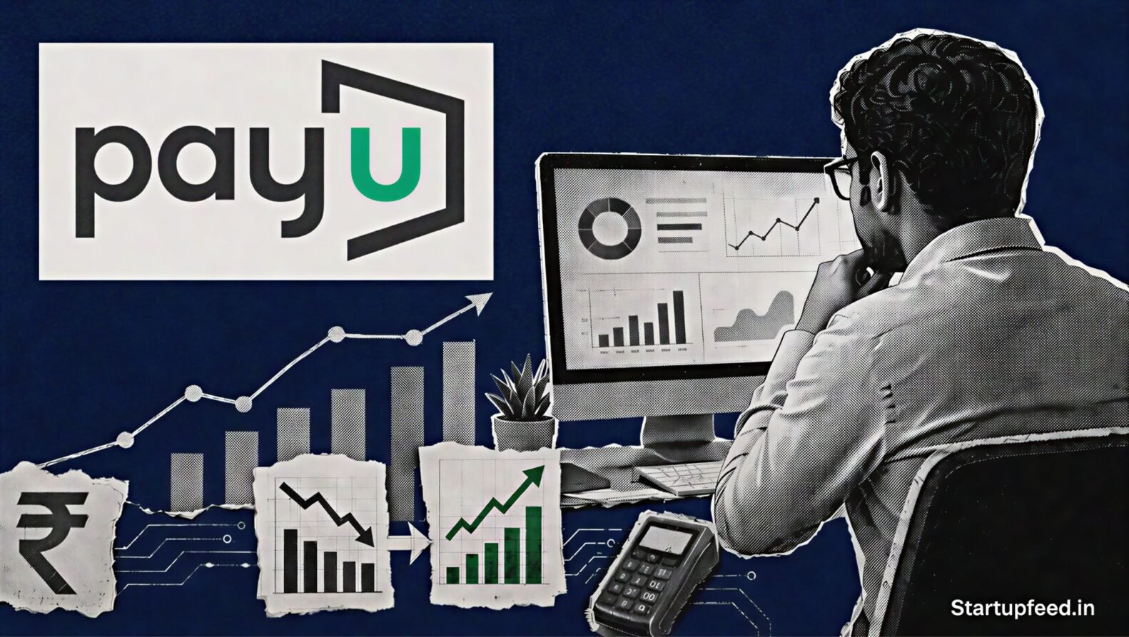 PayU India FY26 financial results visual with official logo, halftone payment network, abstract profit charts and rupee symbols