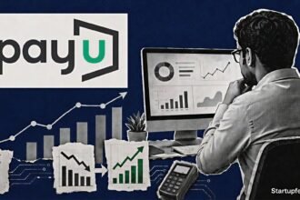 PayU India FY26 financial results visual with official logo, halftone payment network, abstract profit charts and rupee symbols