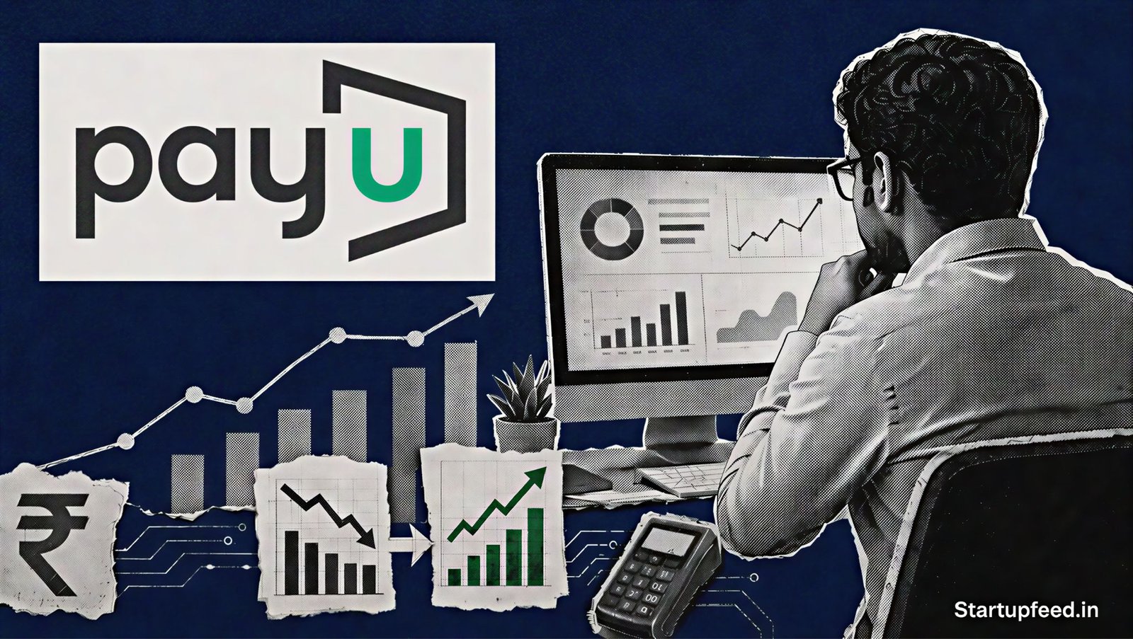 PayU India FY26 financial results visual with official logo, halftone payment network, abstract profit charts and rupee symbols
