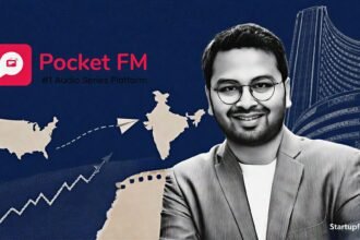 Pocket FM reverse flip visual with CEO Rohan Nayak, company logo and an India IPO market backdrop