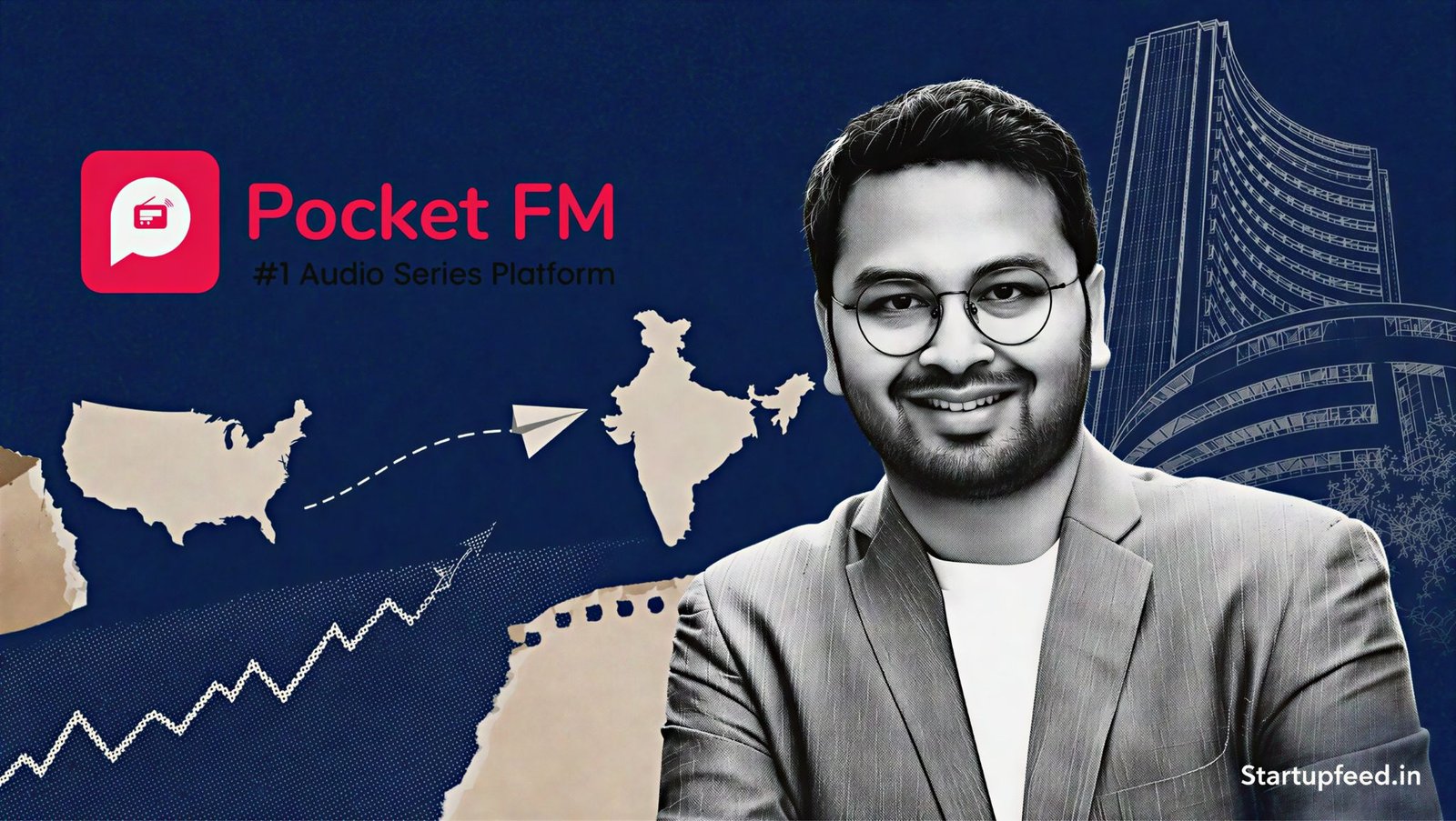 Pocket FM reverse flip visual with CEO Rohan Nayak, company logo and an India IPO market backdrop