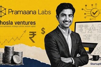 Pramaana Labs funding scene for a $27 Mn seed round, with Khosla Ventures branding and a halftone AI researcher studying formal verification