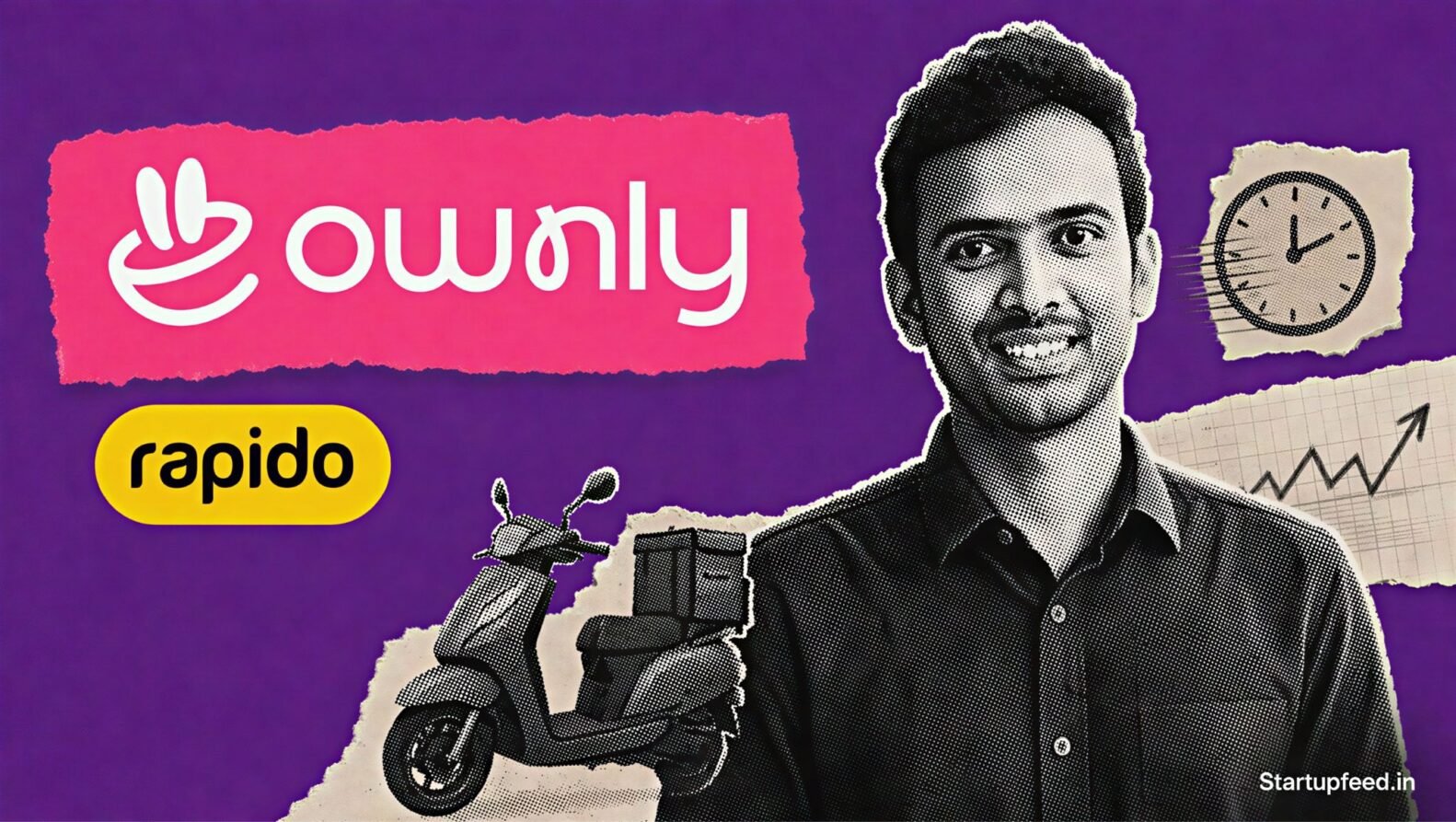 Rapido Ownly zero-commission food delivery scene with Aravind Sanka, a delivery scooter collage and the official app logo