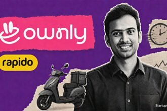 Rapido Ownly zero-commission food delivery scene with Aravind Sanka, a delivery scooter collage and the official app logo