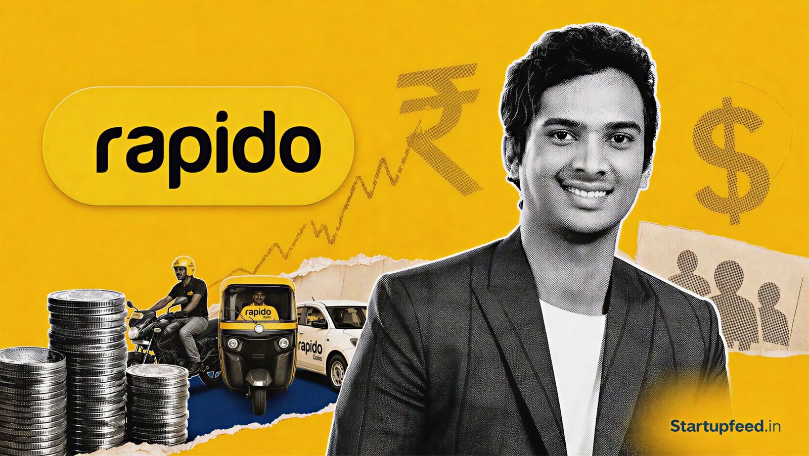 Rapido Rs 100 Cr Sale visual with co-founder Aravind Sanka, Rapido logo, Prosus branding and secondary-market investment motifs