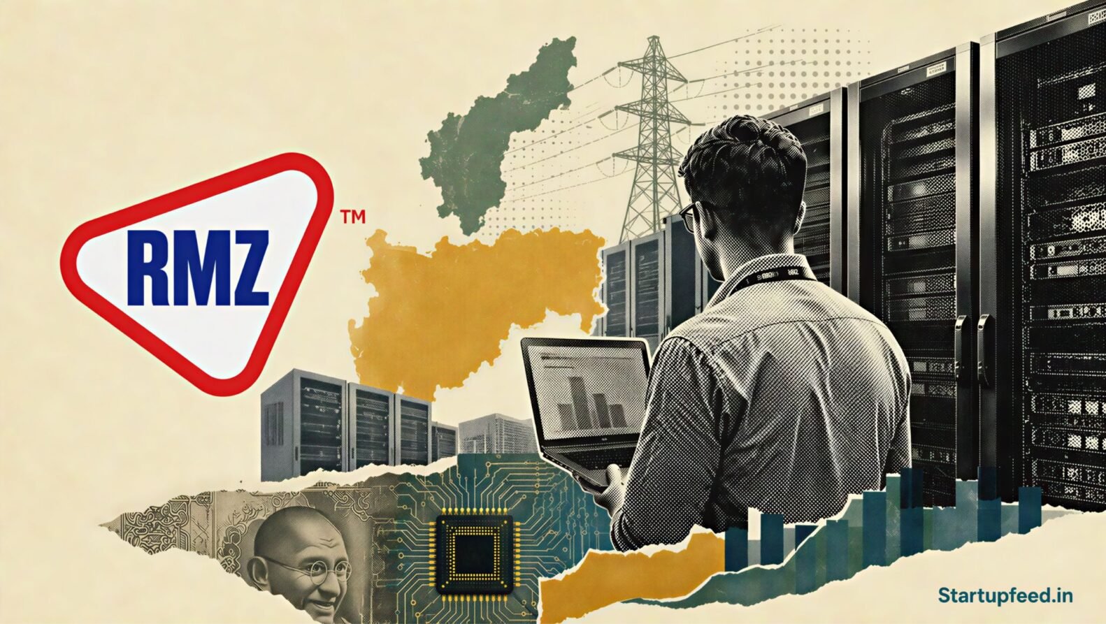 RMZ Data Centre expansion shown through a halftone server-hall scene with RMZ branding and India-focused AI infrastructure motifs