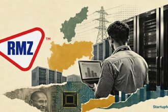 RMZ Data Centre expansion shown through a halftone server-hall scene with RMZ branding and India-focused AI infrastructure motifs