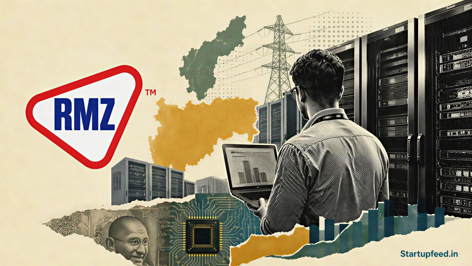 RMZ Data Centre expansion shown through a halftone server-hall scene with RMZ branding and India-focused AI infrastructure motifs