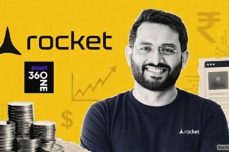 Rocket funding scene with CEO Vishal Virani, official Rocket logo, 360 ONE Asset branding, and stacked investment coins