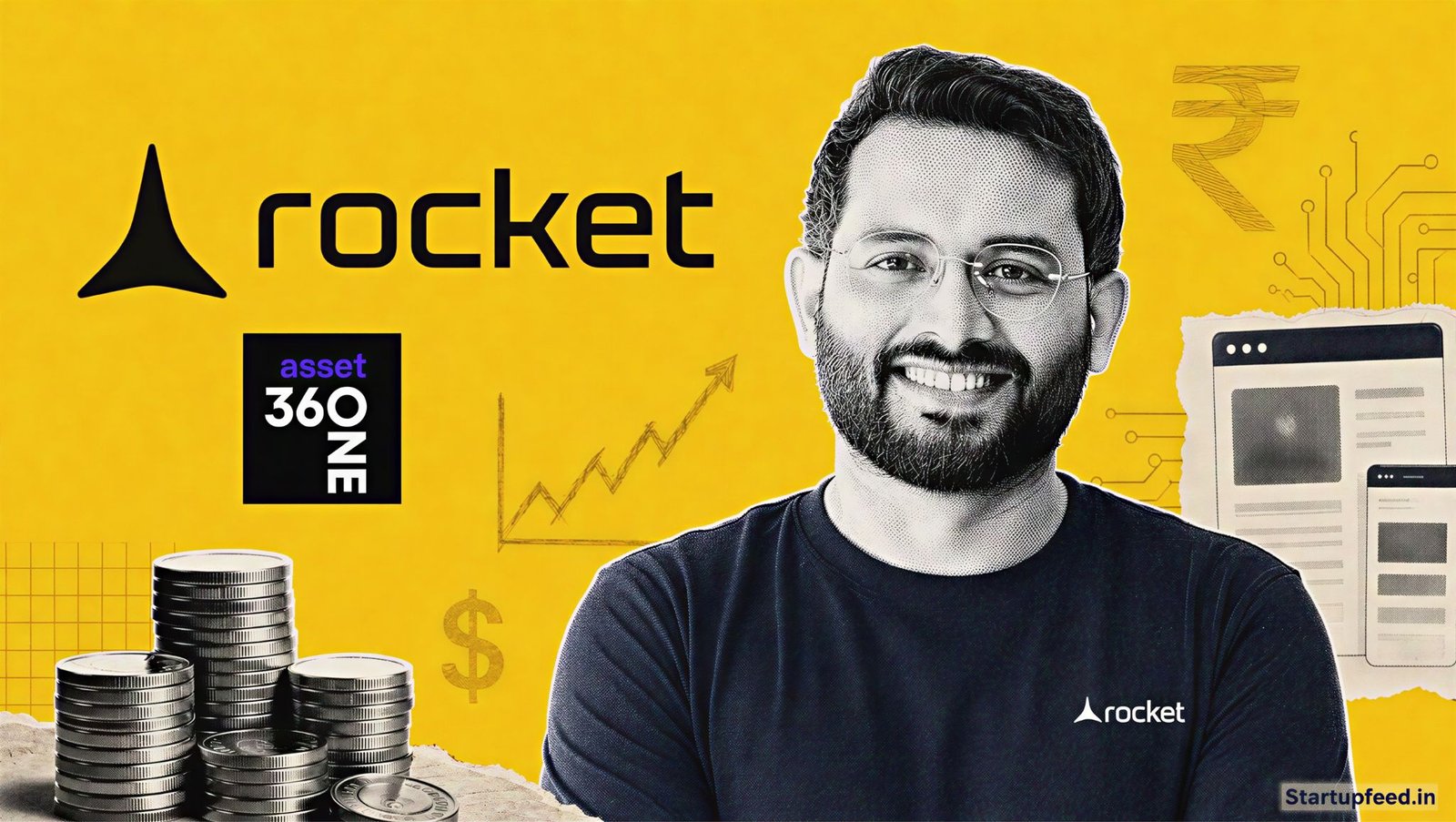 Rocket funding scene with CEO Vishal Virani, official Rocket logo, 360 ONE Asset branding, and stacked investment coins