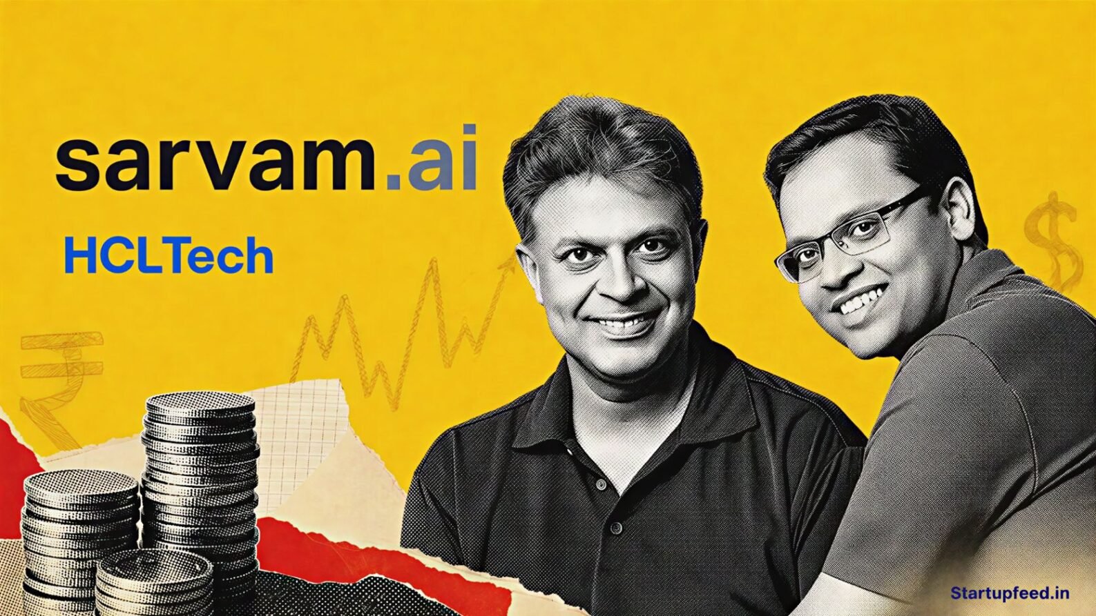Sarvam AI Series B funding scene featuring founders Vivek Raghavan and Pratyush Kumar beside HCLTech branding and halftone coin stacks
