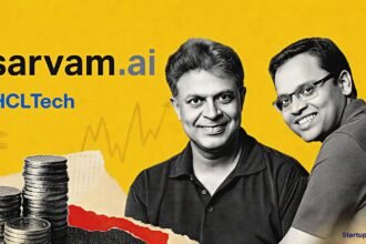 Sarvam AI Series B funding scene featuring founders Vivek Raghavan and Pratyush Kumar beside HCLTech branding and halftone coin stacks
