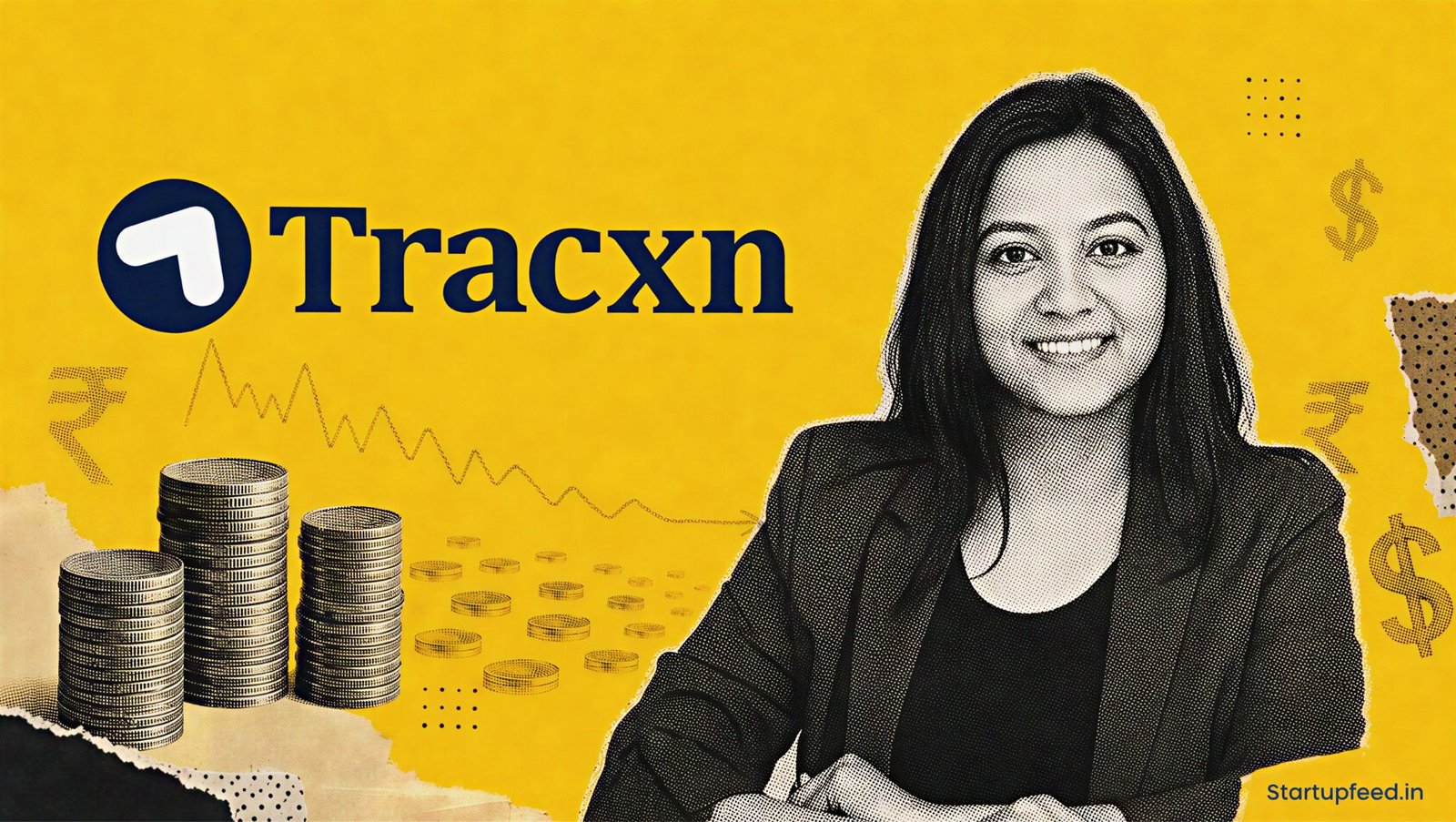 Seed Funding 2026 visualised with Neha Singh, Tracxn branding, halftone coin stacks and a shrinking deal-flow motif