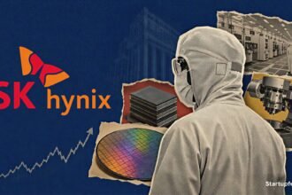 SK Hynix US IPO visual with the official logo, halftone HBM chips, semiconductor wafers and a US market tower silhouette