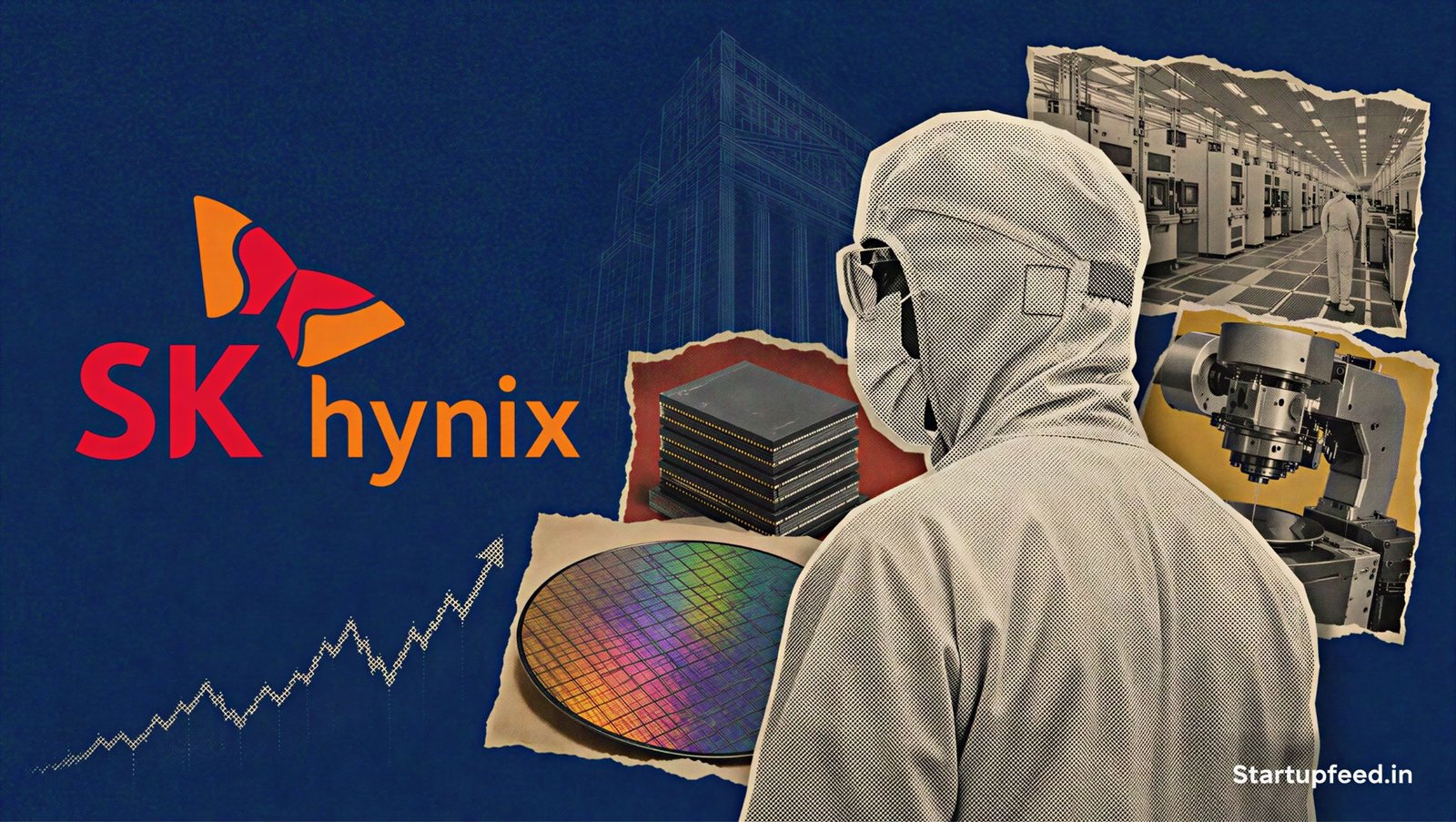 SK Hynix US IPO visual with the official logo, halftone HBM chips, semiconductor wafers and a US market tower silhouette