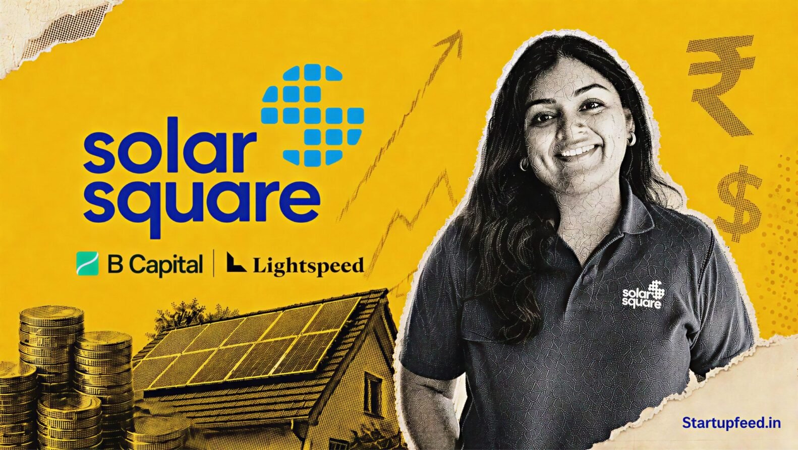SolarSquare funding scene with CEO Shreya Mishra, rooftop panels, and B Capital and Lightspeed logos framing the $55 Mn raise