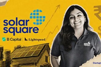 SolarSquare funding scene with CEO Shreya Mishra, rooftop panels, and B Capital and Lightspeed logos framing the $55 Mn raise