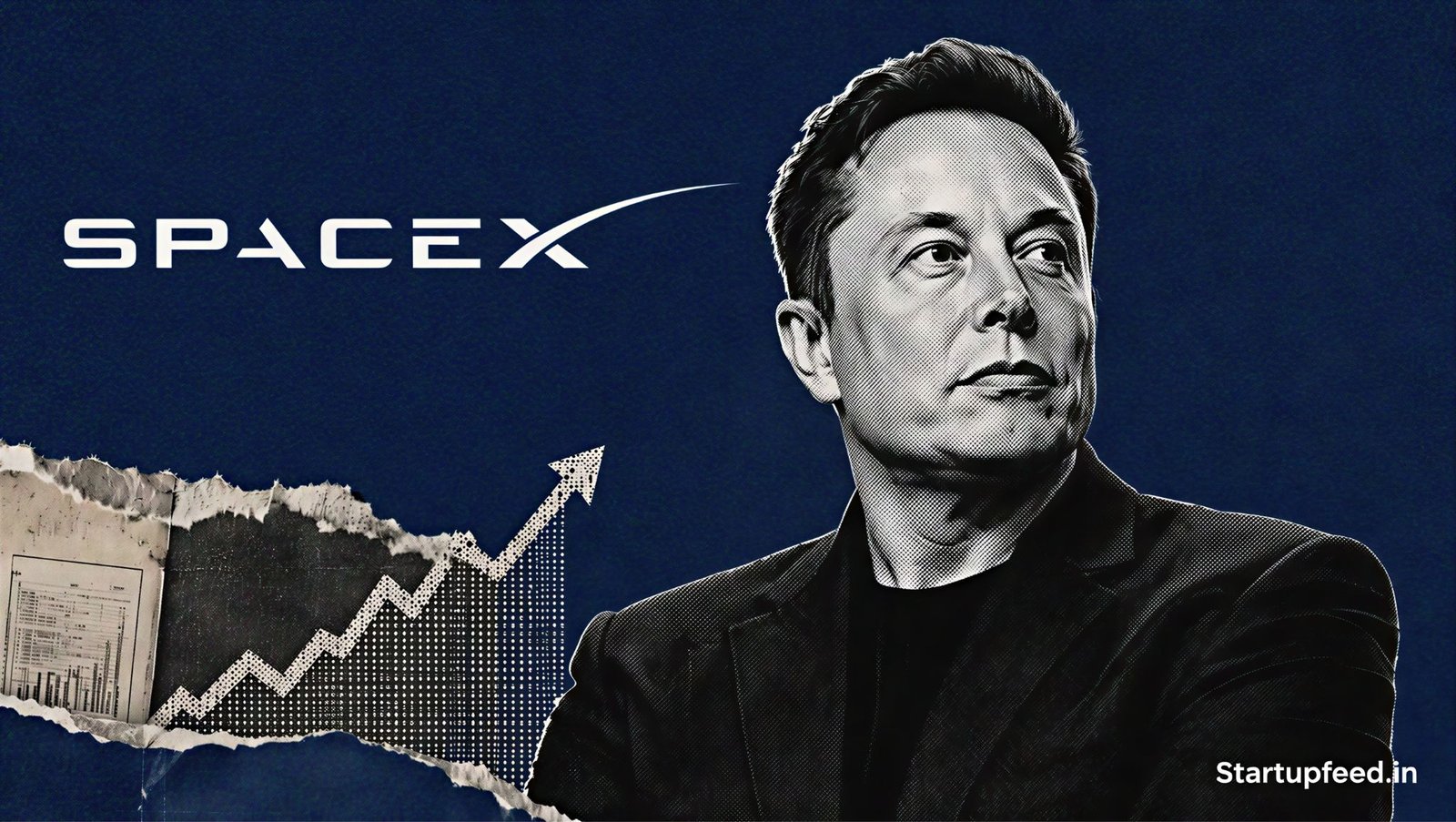 SpaceX stock rally visual with Elon Musk, official logo and halftone market chart after the $2.65 Tn valuation surge