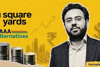 Square Yards Bags Rs 900 Cr with EAAA Alternatives founder portrait, Square Yards logo, and investor backing scene