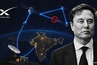 Starlink laser link satellite mesh above India with SpaceX branding and security-controlled local gateway routing