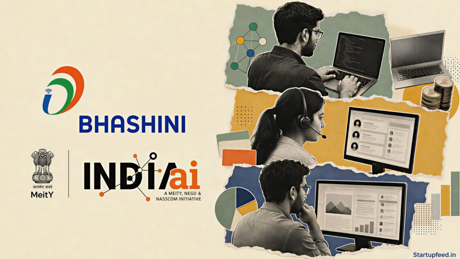 Startups Use AI to Cut Costs in a halftone workspace collage featuring lean teams, coding tools, customer support and Bhashini technology