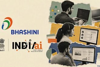 Startups Use AI to Cut Costs in a halftone workspace collage featuring lean teams, coding tools, customer support and Bhashini technology