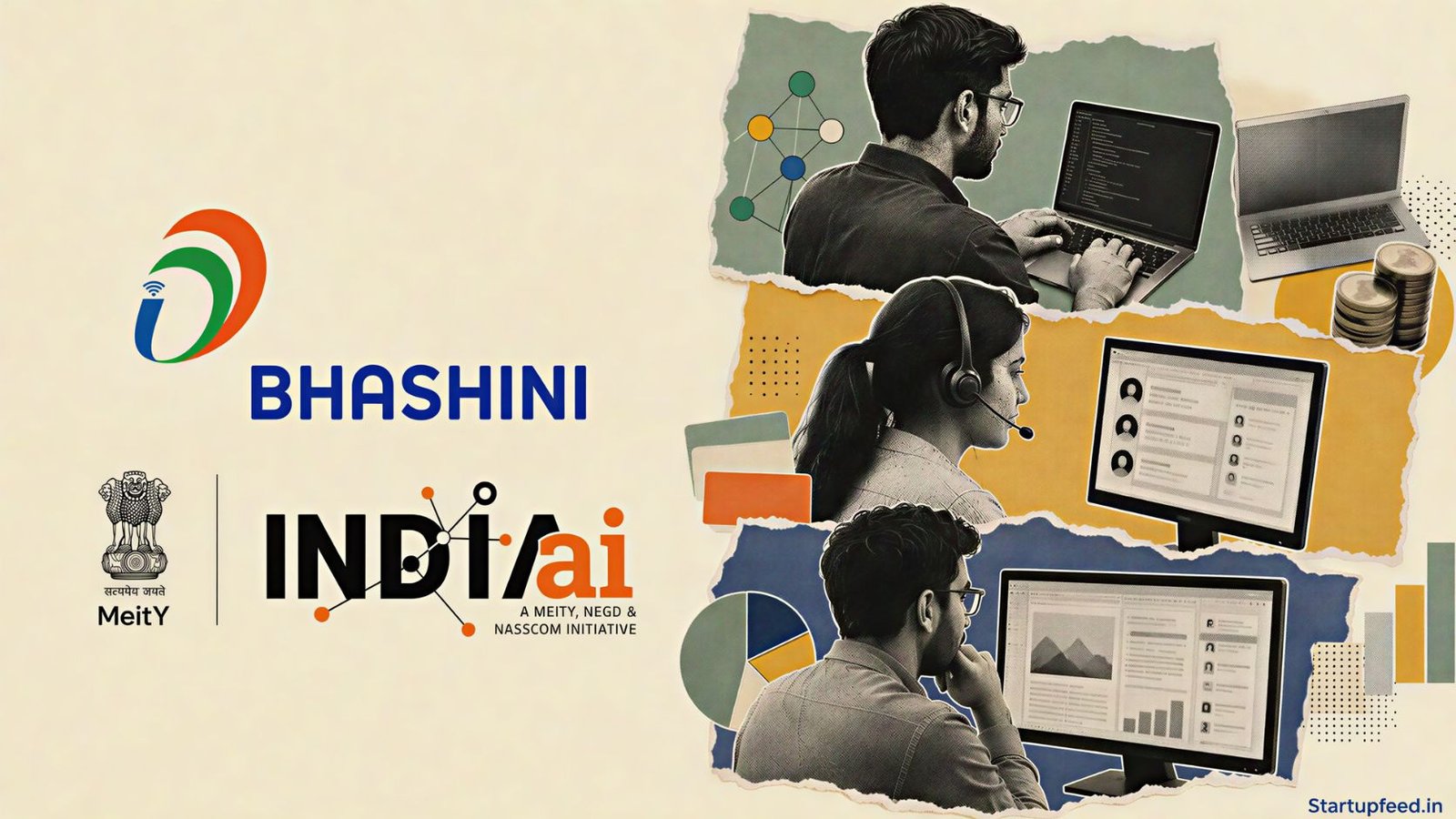 Startups Use AI to Cut Costs in a halftone workspace collage featuring lean teams, coding tools, customer support and Bhashini technology