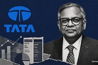 N Chandrasekaran beside the Tata logo as Tata Sons FY26 profit rebounds on Tata Capital listing gains