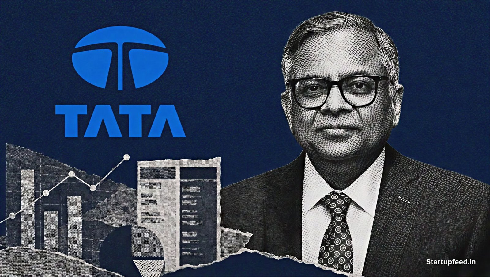 N Chandrasekaran beside the Tata logo as Tata Sons FY26 profit rebounds on Tata Capital listing gains