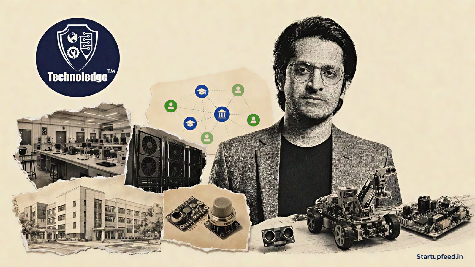 Anand Thakur mission visual with Technoledge logo, COE lab equipment and 40,000 student impact