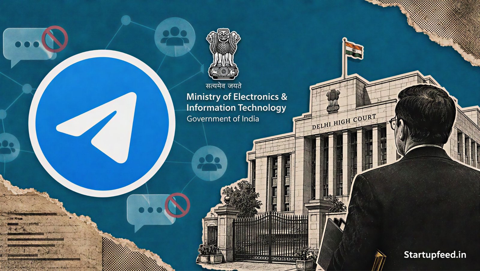 Telegram Ban editorial collage with Telegram logo, MeitY emblem and Delhi High Court sketch linked to NEET-UG 2026 restrictions