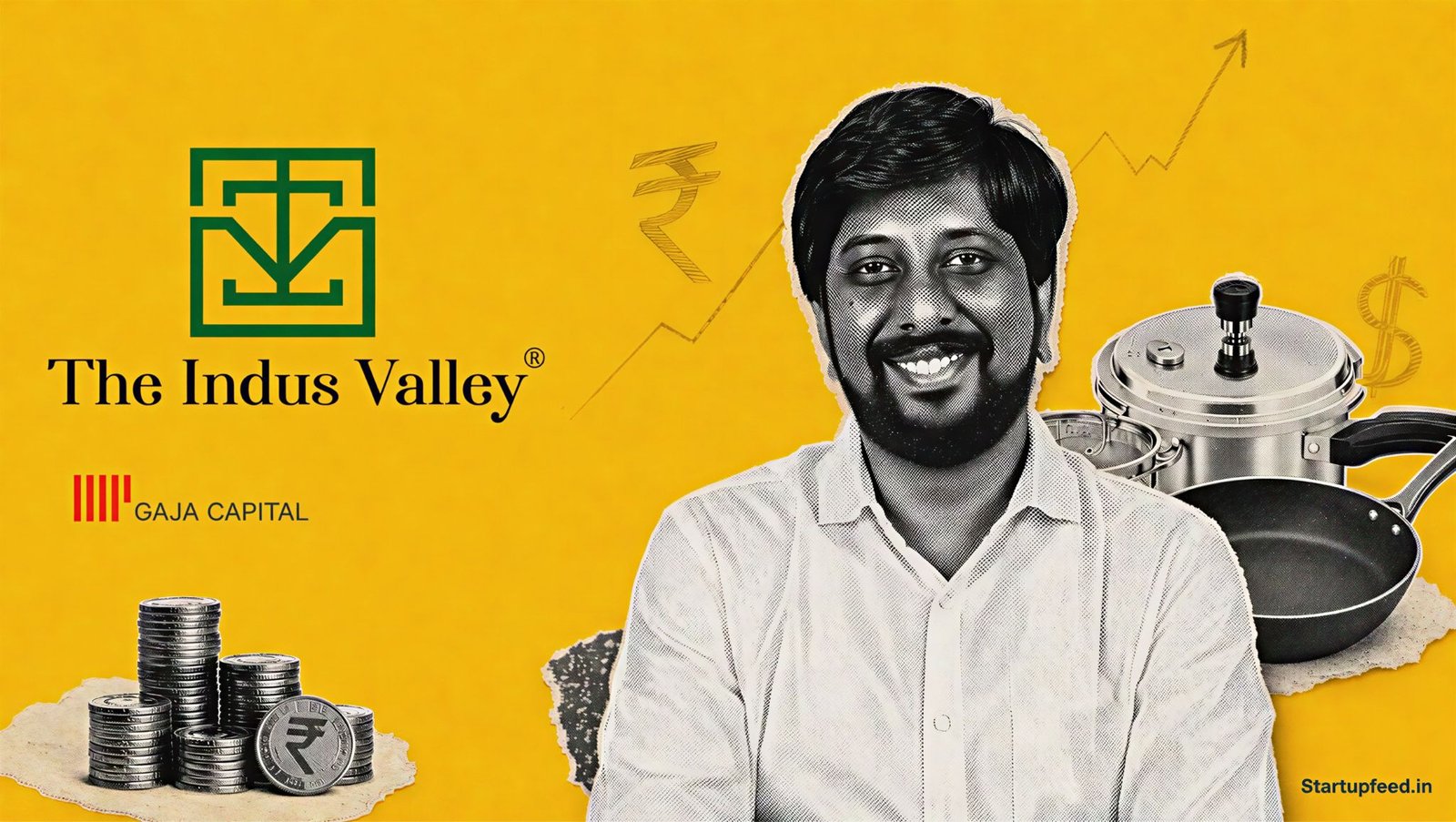 The Indus Valley Series B visual with official brand logos, halftone cookware, stacked coins and Gaja Capital backing