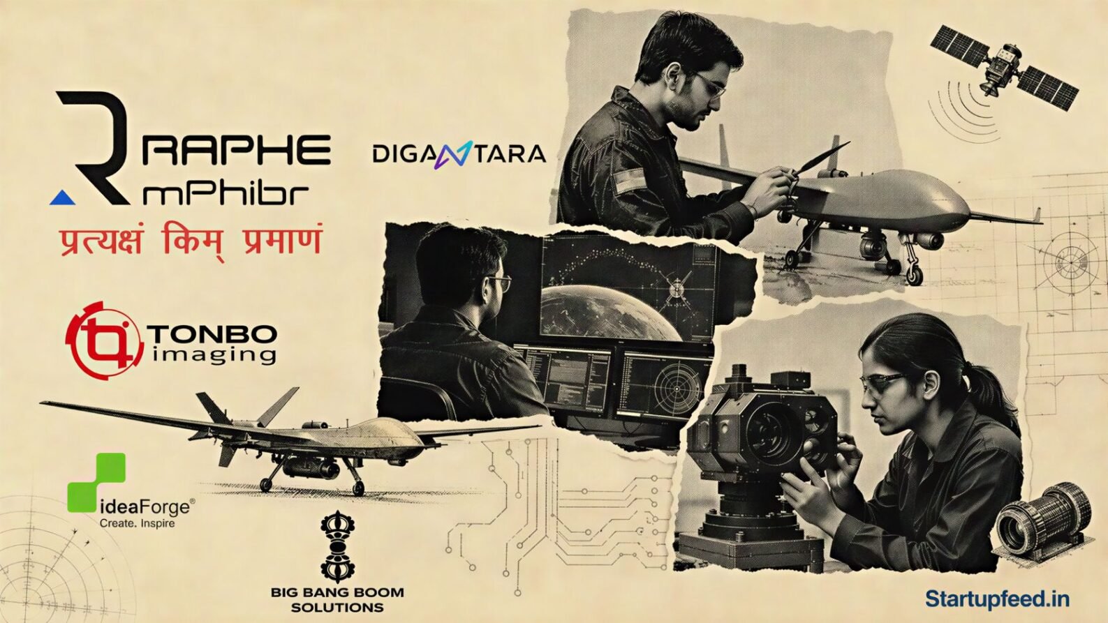 Top defence startups in India featuring Raphe mPhibr, Digantara, Tonbo Imaging, ideaForge, and Big Bang Boom Solutions