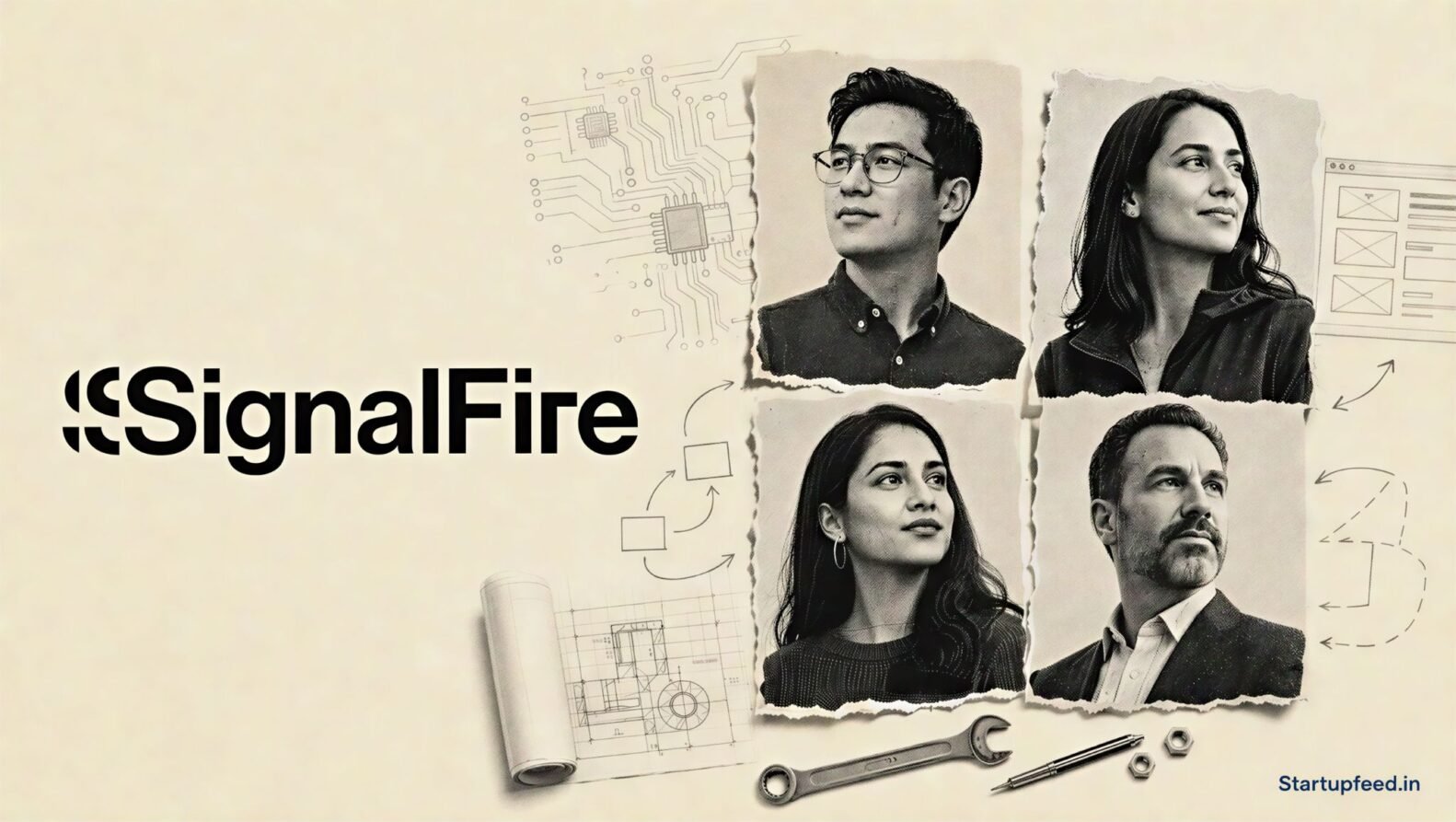 Unicorn Founders shown as layered halftone operator portraits beside the SignalFire logo and engineering-themed collage elements
