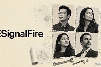 Unicorn Founders shown as layered halftone operator portraits beside the SignalFire logo and engineering-themed collage elements