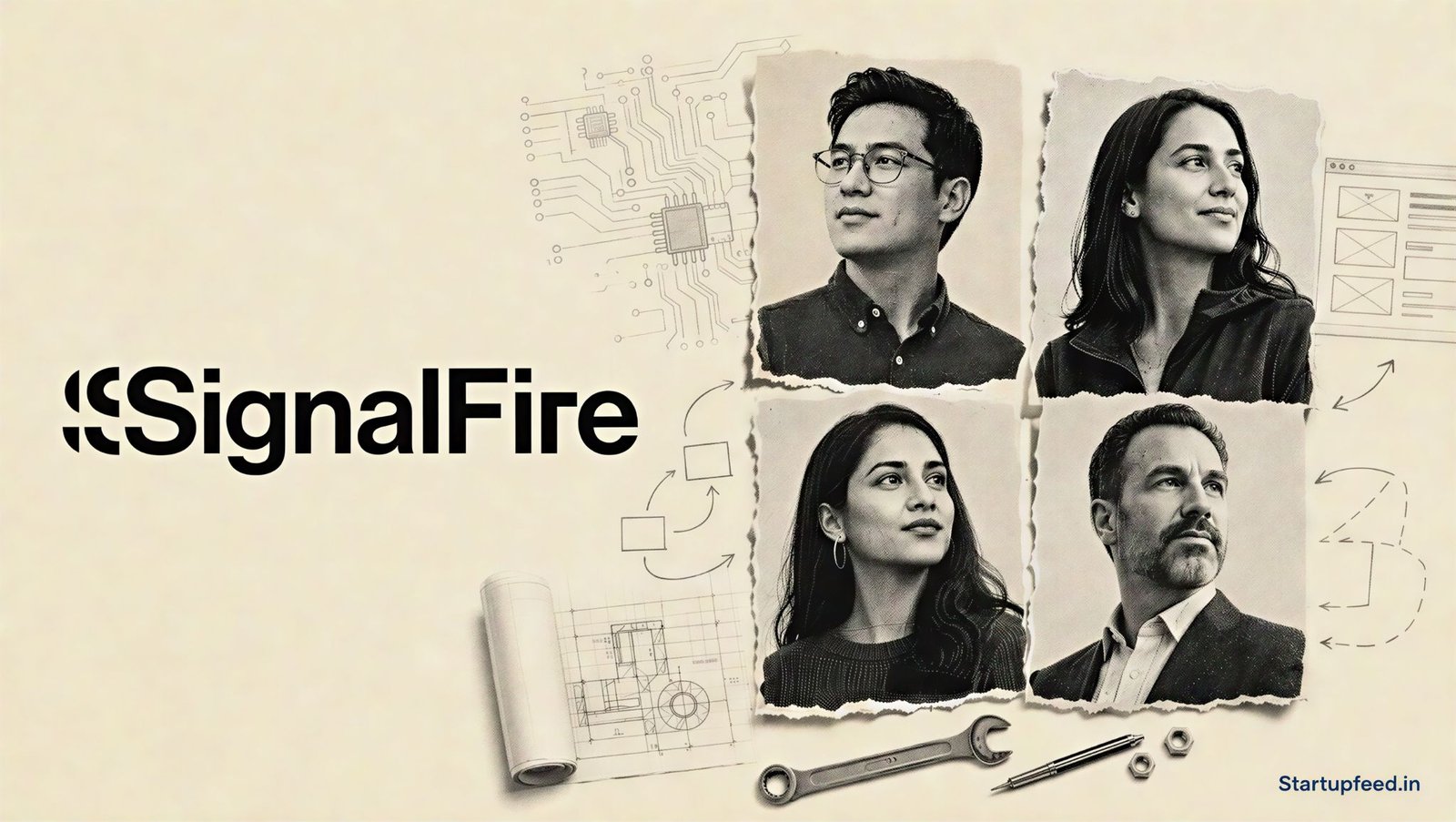 Unicorn Founders shown as layered halftone operator portraits beside the SignalFire logo and engineering-themed collage elements