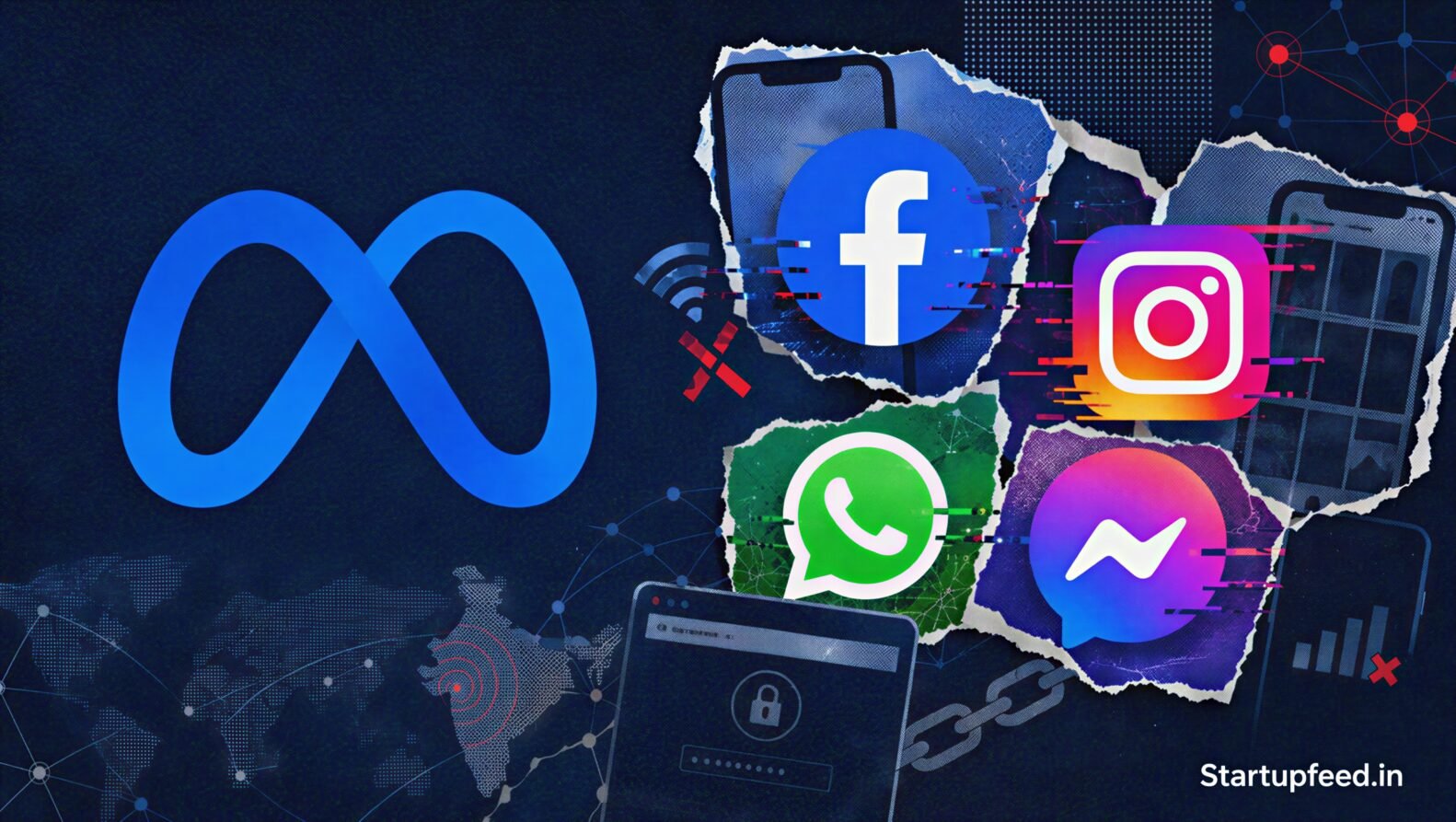 Meta outage scene with Facebook, Instagram, WhatsApp and Messenger logos showing 130,000+ reports on June 12, 2026