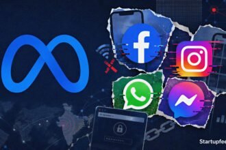 Meta outage scene with Facebook, Instagram, WhatsApp and Messenger logos showing 130,000+ reports on June 12, 2026