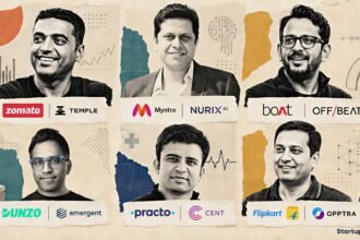 India's startup tycoons collage with Zomato, Myntra, boAt, Dunzo, Practo, and Flipkart founders