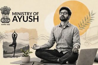 Yoga Day Lessons For Founders shown through a halftone startup leader meditating beside an open laptop and yoga mat