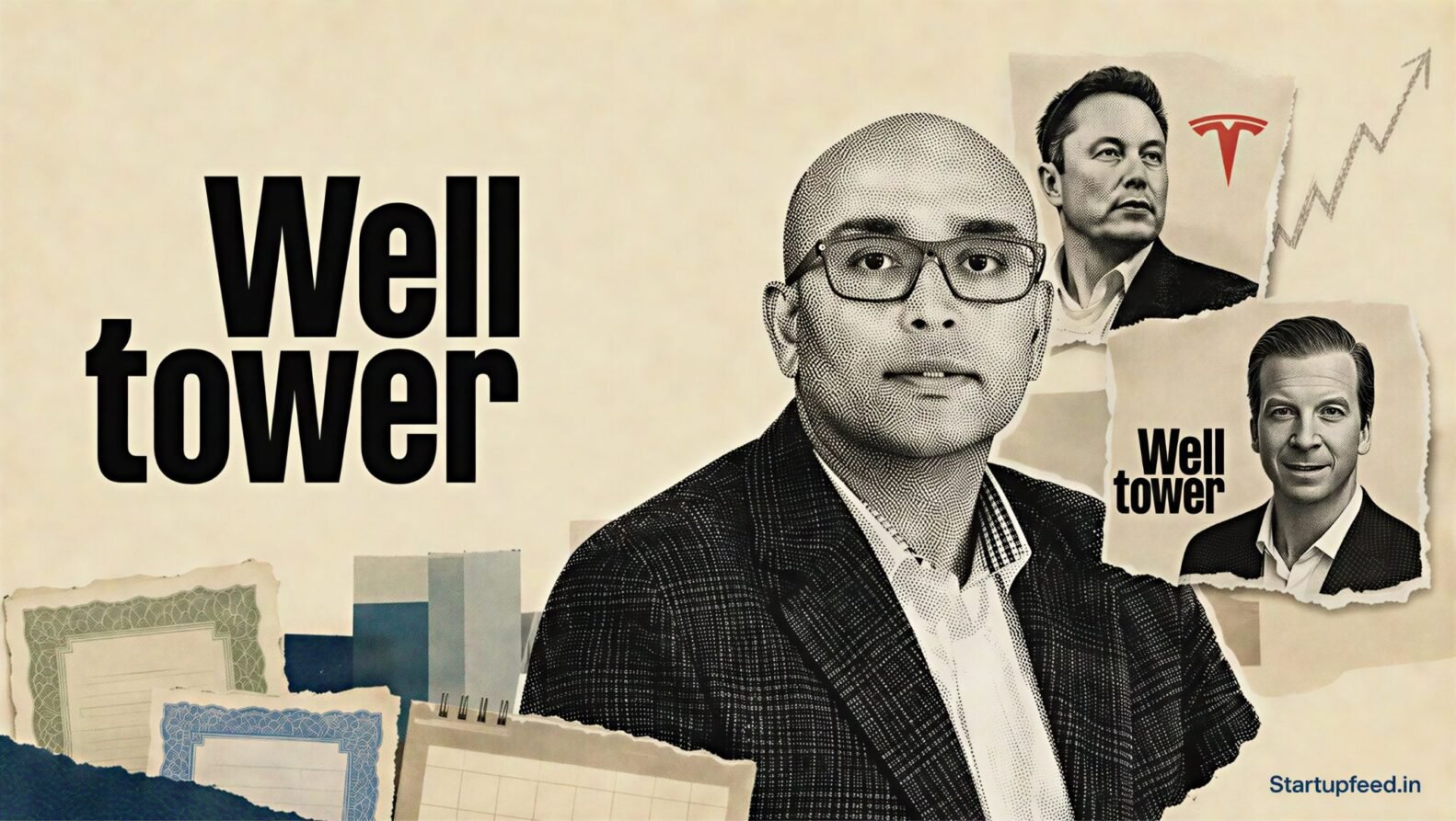Shankh Mitra beside the Welltower logo in an editorial collage illustrating Indian-Origin CEO pay of $821 Mn