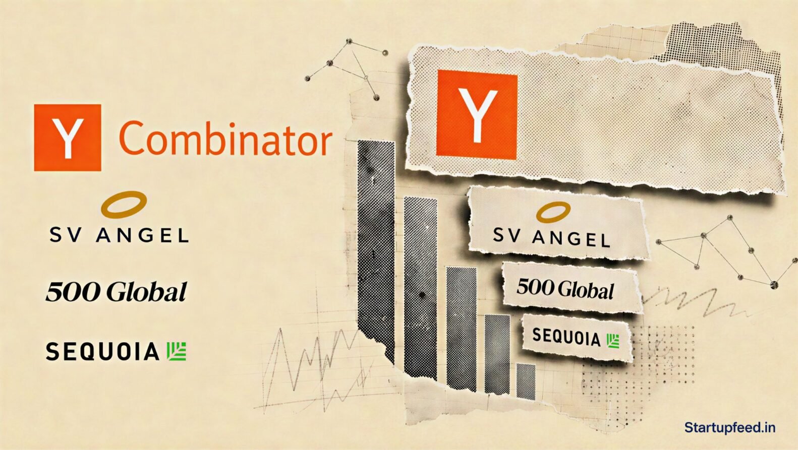 Best seed investor 2026 ranking visual with Y Combinator, SV Angel, 500 Global, and Sequoia logos on layered newsprint